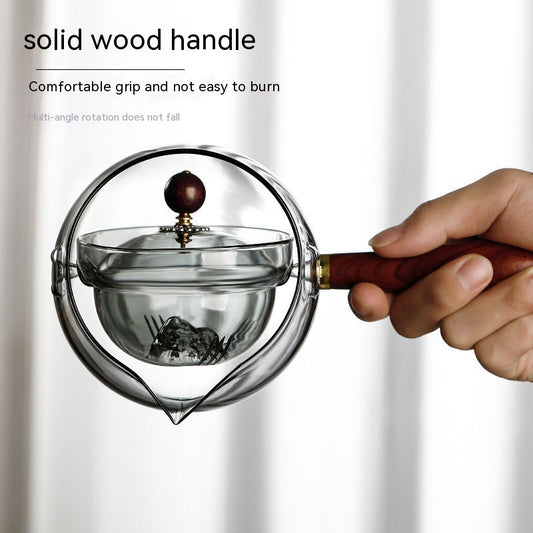 Semi-Automatic Rotary Glass Teapot with Infuser & Wooden Handle – Heat Resistant Tea Maker