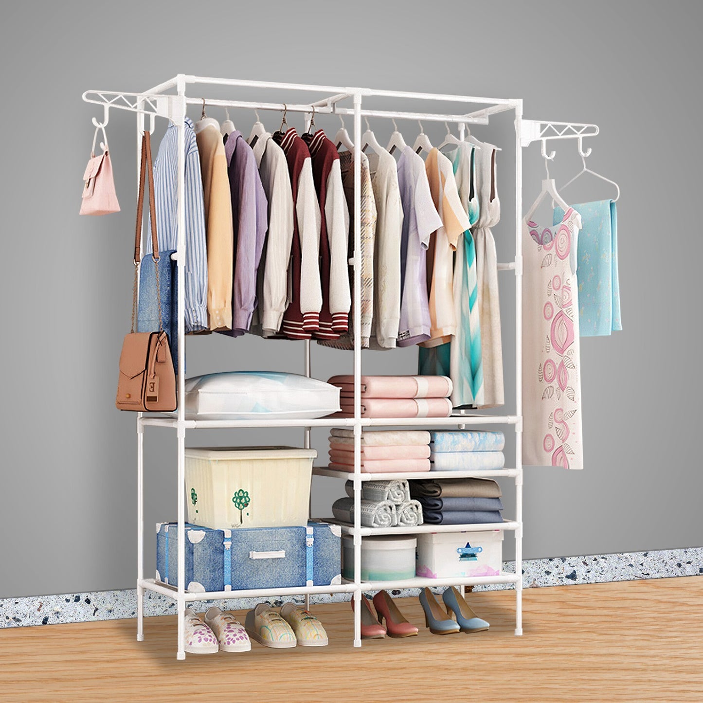 Metal Garment Rack with Shelves | Freestanding Clothes Organizer Wardrobe & Shoe Storage Rack