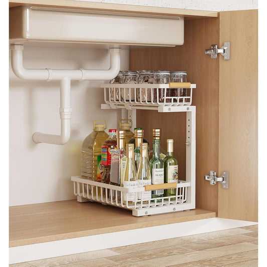 Metal Adjustable Height Two-Tier Drawer Kitchen Bathroom Under Sink Storage Rack