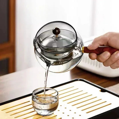 Semi-Automatic Rotary Glass Teapot with Infuser & Wooden Handle – Heat Resistant Tea Maker
