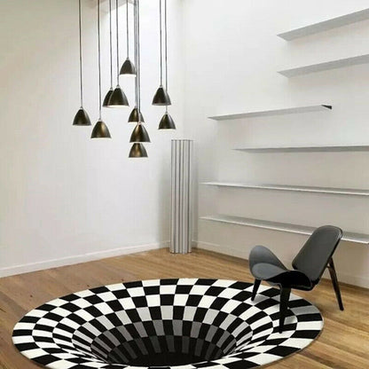 3D Vortex Illusion Rug Black & White Grid Anti-Slip Carpet for Living Room & Bedroom Home Decor