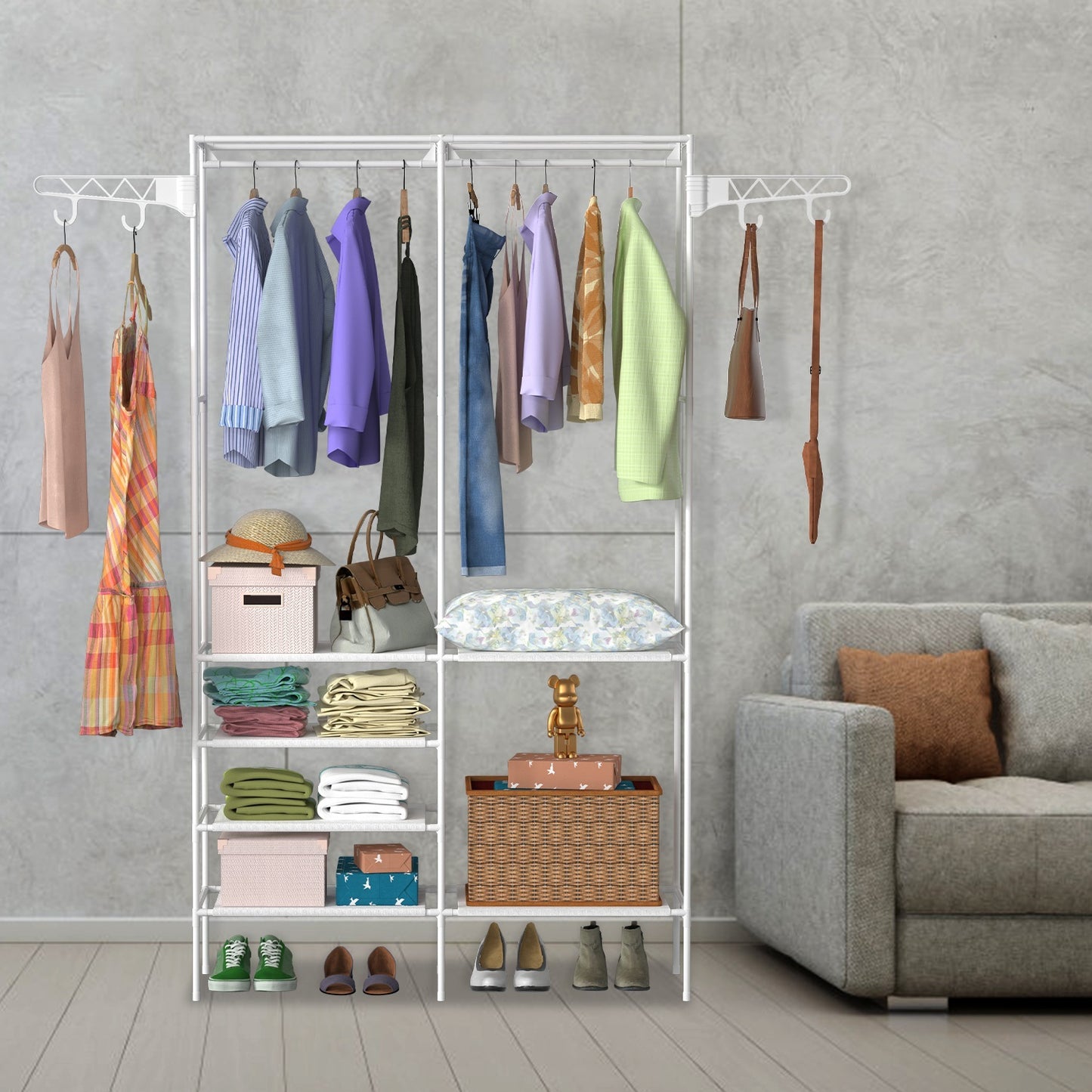 Metal Garment Rack with Shelves | Freestanding Clothes Organizer Wardrobe & Shoe Storage Rack