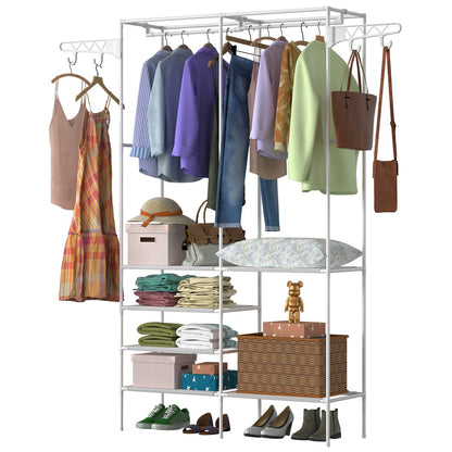Metal Garment Rack with Shelves | Freestanding Clothes Organizer Wardrobe & Shoe Storage Rack