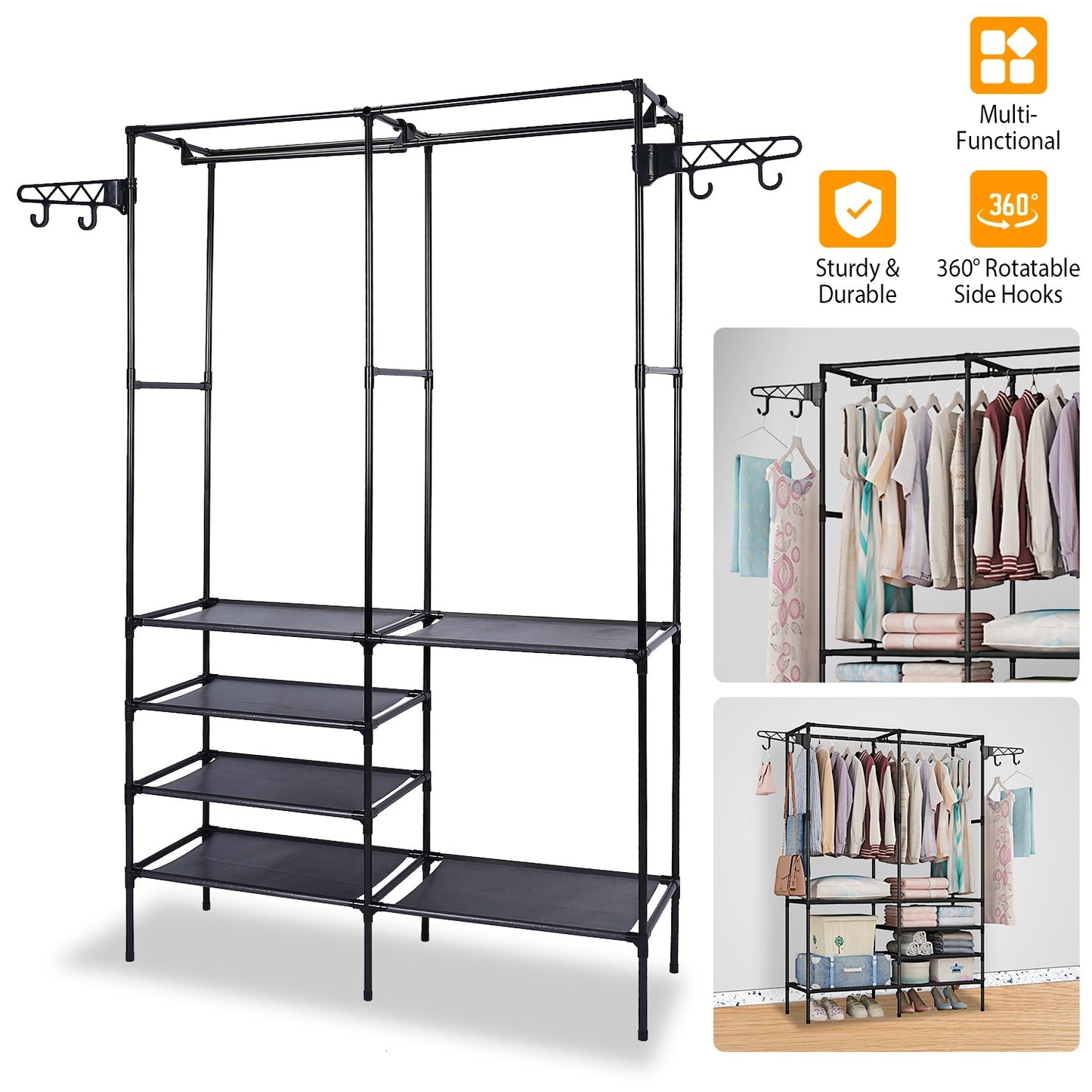 Metal Garment Rack with Shelves | Freestanding Clothes Organizer Wardrobe & Shoe Storage Rack