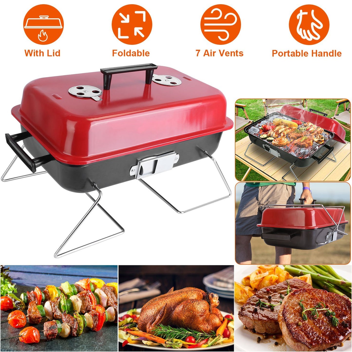 Portable Charcoal Grill – Outdoor Tabletop BBQ Smoker with Lid for Camping, Picnic & Beach
