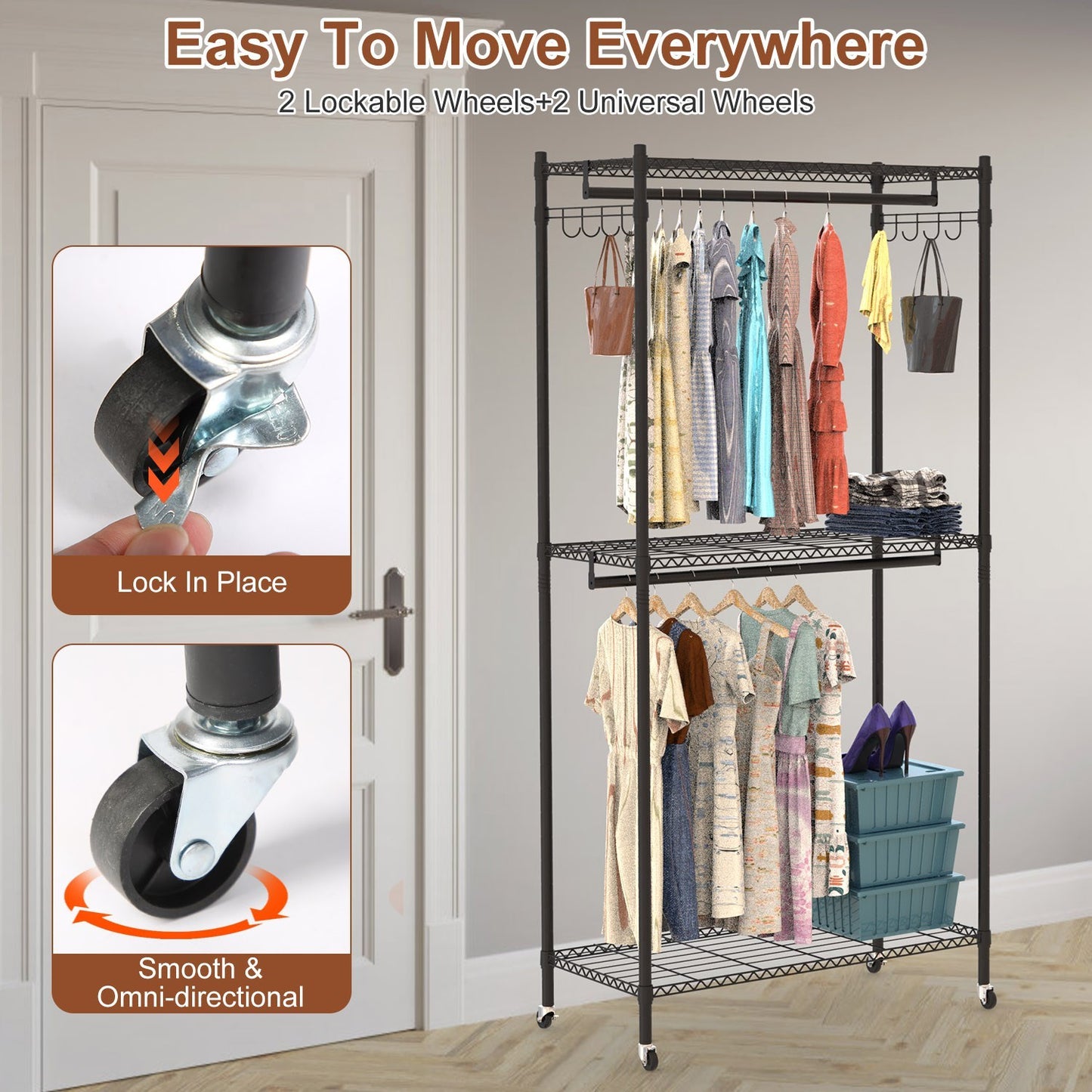 2-Tier Clothing Rack with Cover | Portable Wardrobe Closet with Wheels, Hanging Rods & Hook Racks