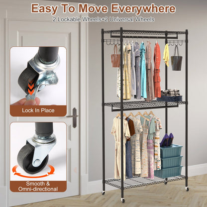2-Tier Clothing Rack with Cover | Portable Wardrobe Closet with Wheels, Hanging Rods & Hook Racks