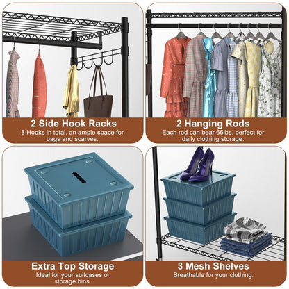 2-Tier Clothing Rack with Cover | Portable Wardrobe Closet with Wheels, Hanging Rods & Hook Racks