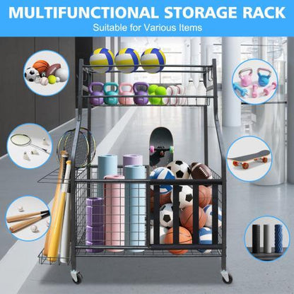 Garage Sports Equipment Storage Rack | Large Capacity Wheeled Rolling Ball & Gear Organizer, Indoor & Outdoor