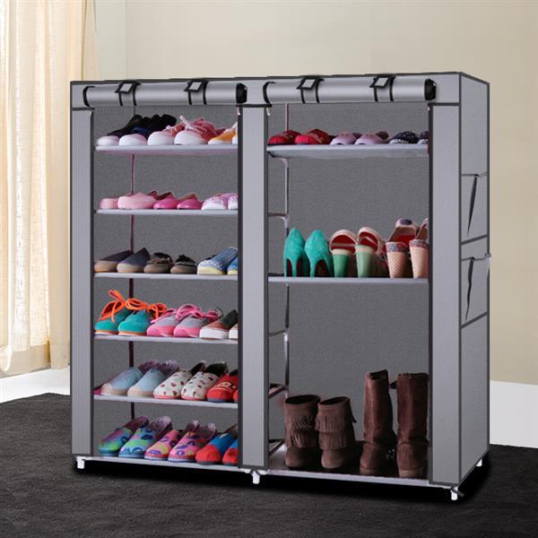 6-Tier Double Row Fabric Shoe Cabinet with 12 Grids – Dustproof & Space-Saving Storage Organizer (Gray)