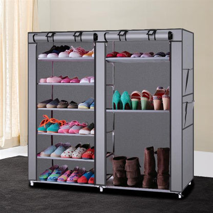6-Tier Double Row Fabric Shoe Cabinet with 12 Grids – Dustproof & Space-Saving Storage Organizer (Gray)