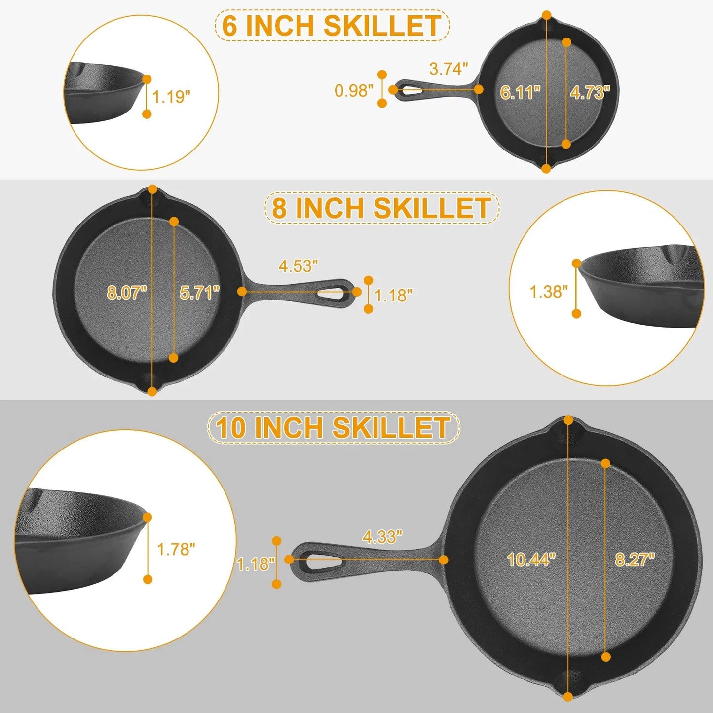 3-Piece Cast Iron Skillet Set (6" 8" 10") | Pre-Seasoned Non-Stick Frying Pans for Stove, Oven & Grill