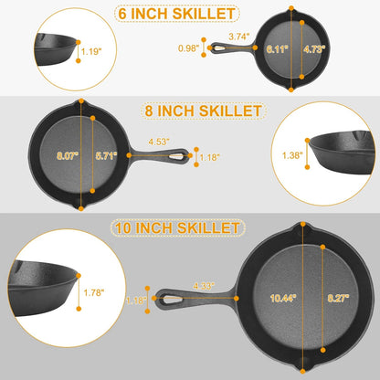 3-Piece Cast Iron Skillet Set (6" 8" 10") | Pre-Seasoned Non-Stick Frying Pans for Stove, Oven & Grill