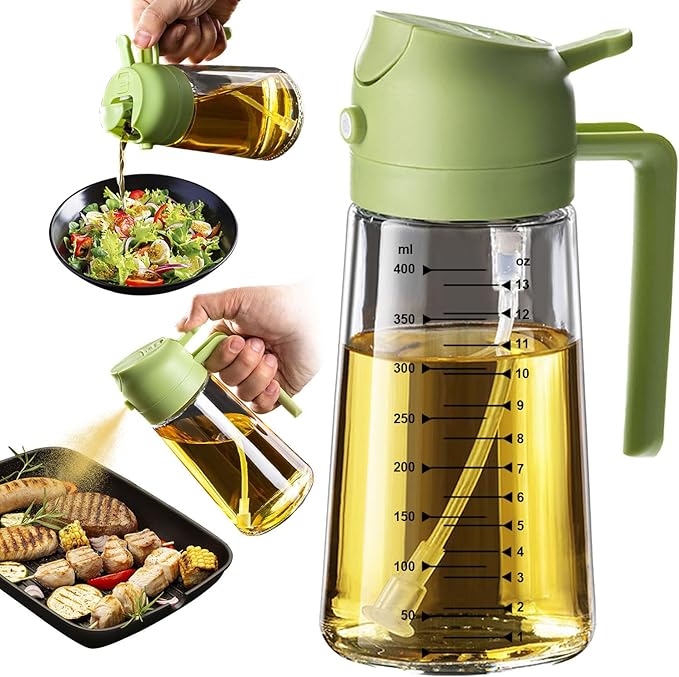TrendPlain Olive Oil Sprayer 16oz – Glass Oil Dispenser for Cooking, Air Fryer, Salad, BBQ & Kitchen Gadgets