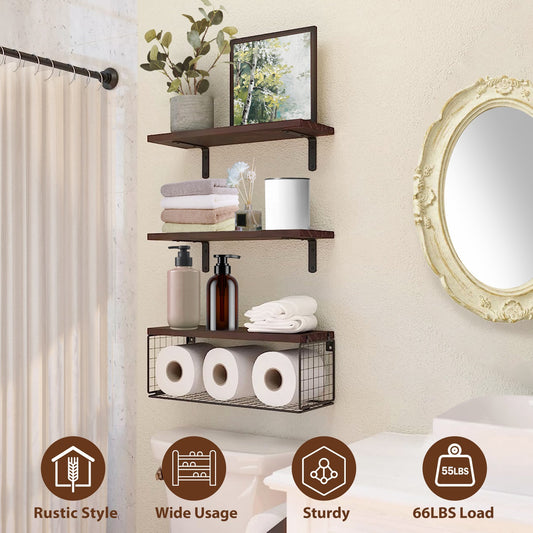 2-in-1 Floating Wall Shelves with Storage Basket | Wooden Wall-Mounted Shelves for Bathroom, Bedroom & Kitchen