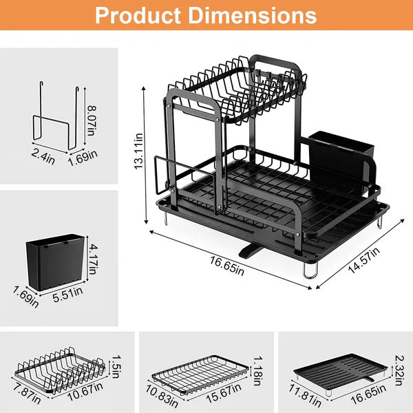 2-Tier Dish Drying Rack for Kitchen Counter — Space-Saving Rustproof Rack with Drainboard & Utensil Holder