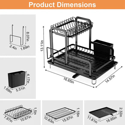 2-Tier Dish Drying Rack for Kitchen Counter — Space-Saving Rustproof Rack with Drainboard & Utensil Holder