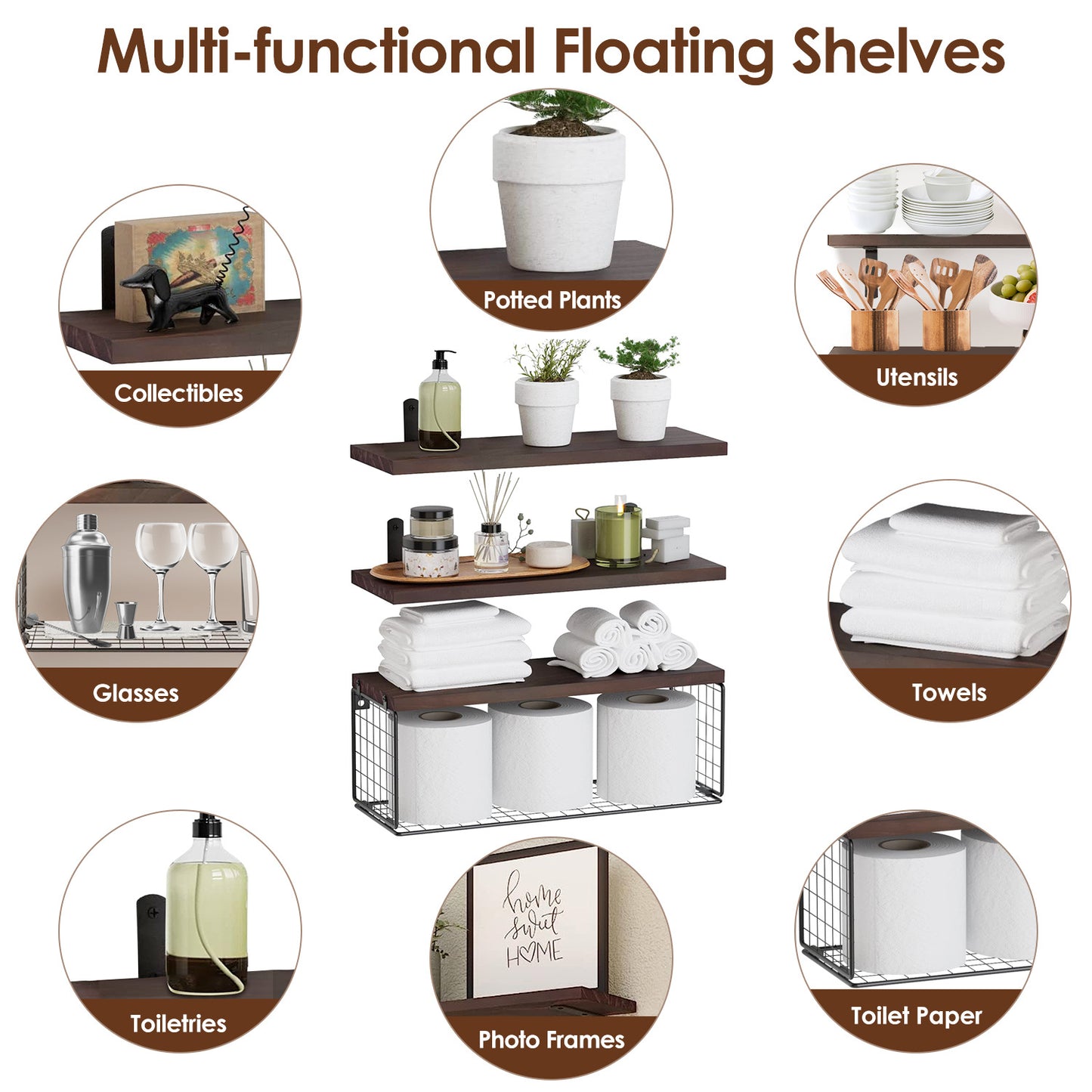 2-in-1 Floating Wall Shelves with Storage Basket | Wooden Wall-Mounted Shelves for Bathroom, Bedroom & Kitchen