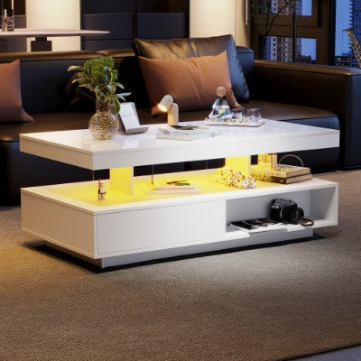 LED Coffee Table with 2-Drawer Storage | High Gloss Modern Center Table with 16-Color LED Lights (White)