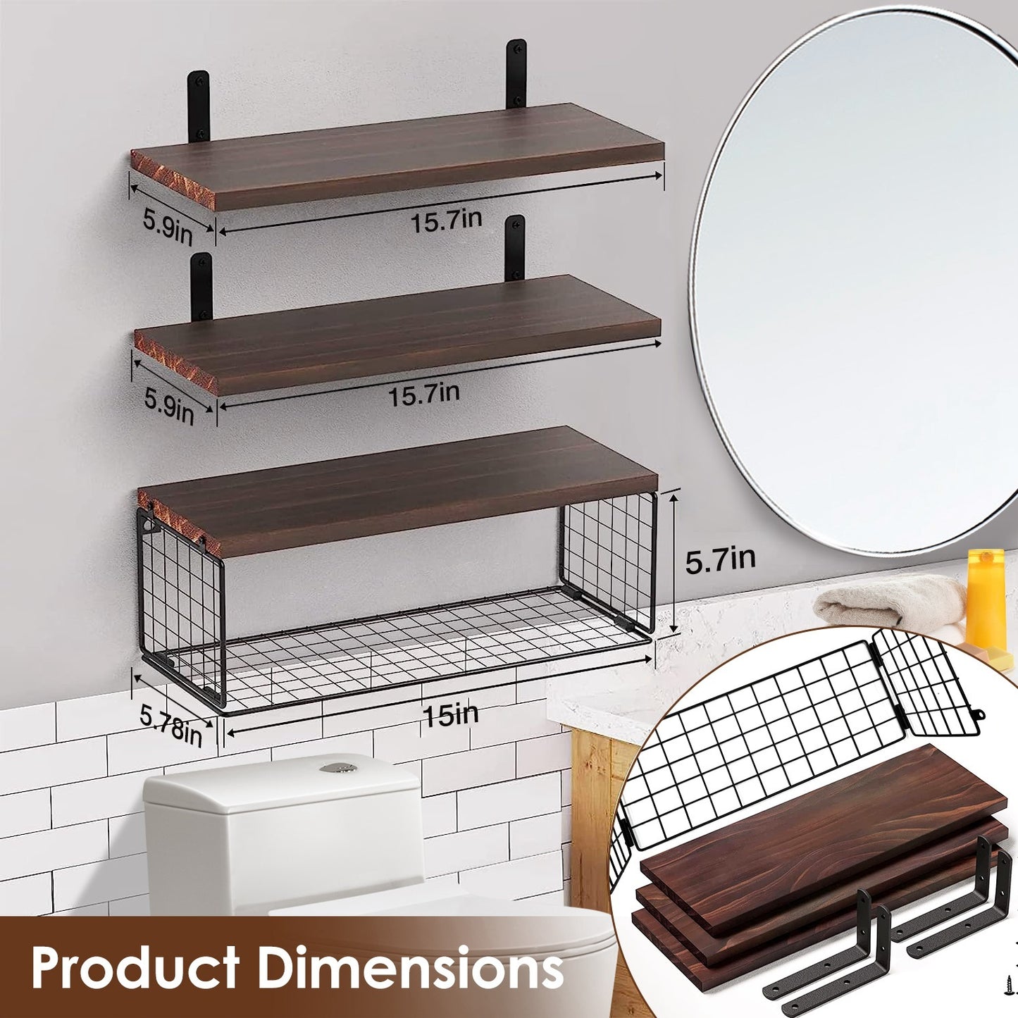 2-in-1 Floating Wall Shelves with Storage Basket | Wooden Wall-Mounted Shelves for Bathroom, Bedroom & Kitchen