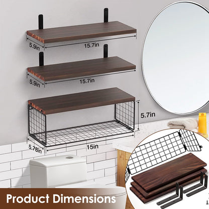 2-in-1 Floating Wall Shelves with Storage Basket | Wooden Wall-Mounted Shelves for Bathroom, Bedroom & Kitchen