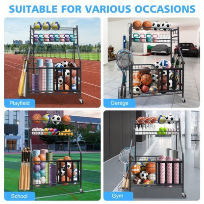 Garage Sports Equipment Storage Rack | Large Capacity Wheeled Rolling Ball & Gear Organizer, Indoor & Outdoor