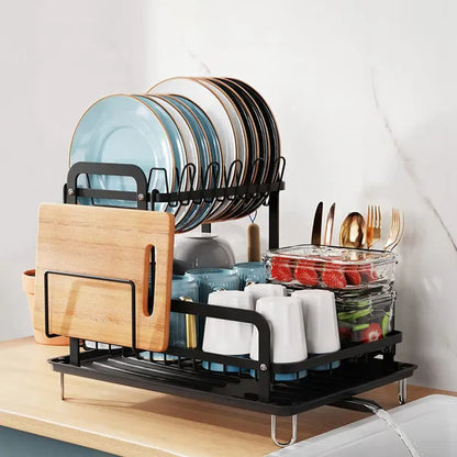 2-Tier Dish Drying Rack for Kitchen Counter — Space-Saving Rustproof Rack with Drainboard & Utensil Holder