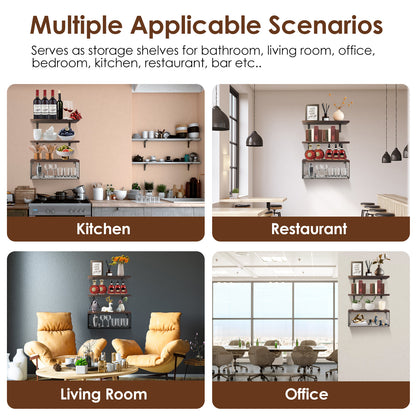 2-in-1 Floating Wall Shelves with Storage Basket | Wooden Wall-Mounted Shelves for Bathroom, Bedroom & Kitchen