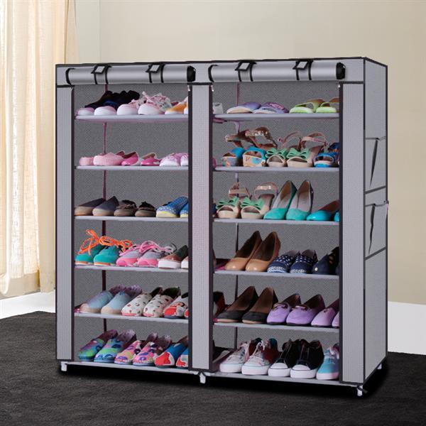 6-Tier Double Row Fabric Shoe Cabinet with 12 Grids – Dustproof & Space-Saving Storage Organizer (Gray)