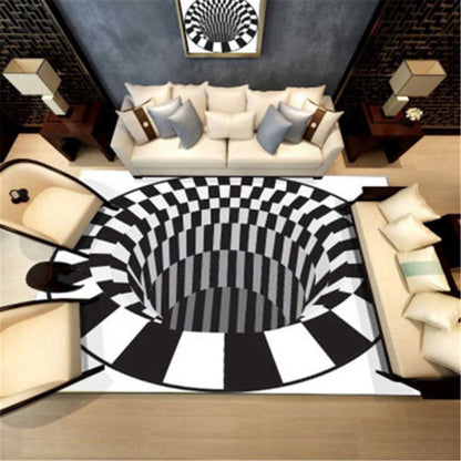 3D Vortex Illusion Rug Black & White Grid Anti-Slip Carpet for Living Room & Bedroom Home Decor