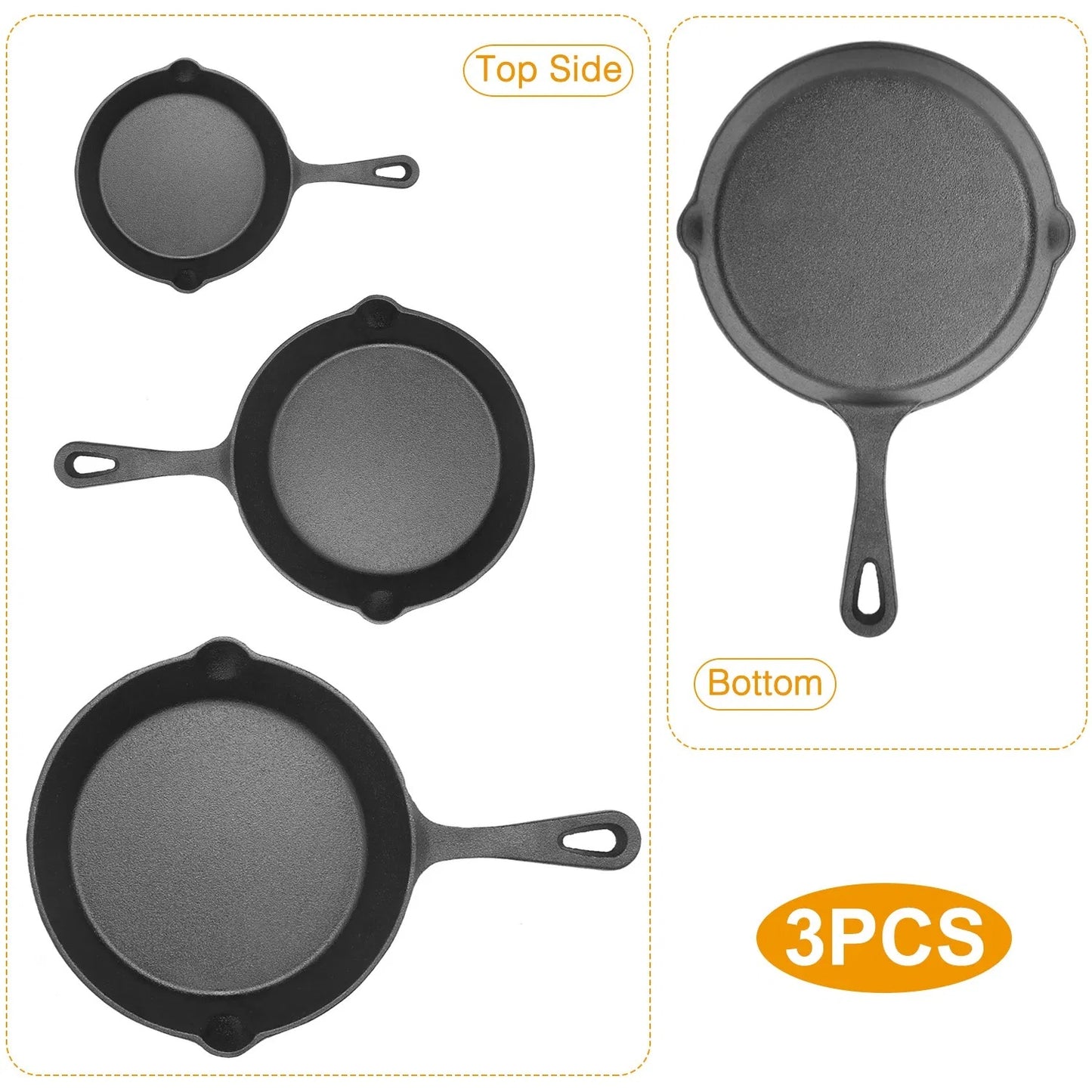 3-Piece Cast Iron Skillet Set (6" 8" 10") | Pre-Seasoned Non-Stick Frying Pans for Stove, Oven & Grill