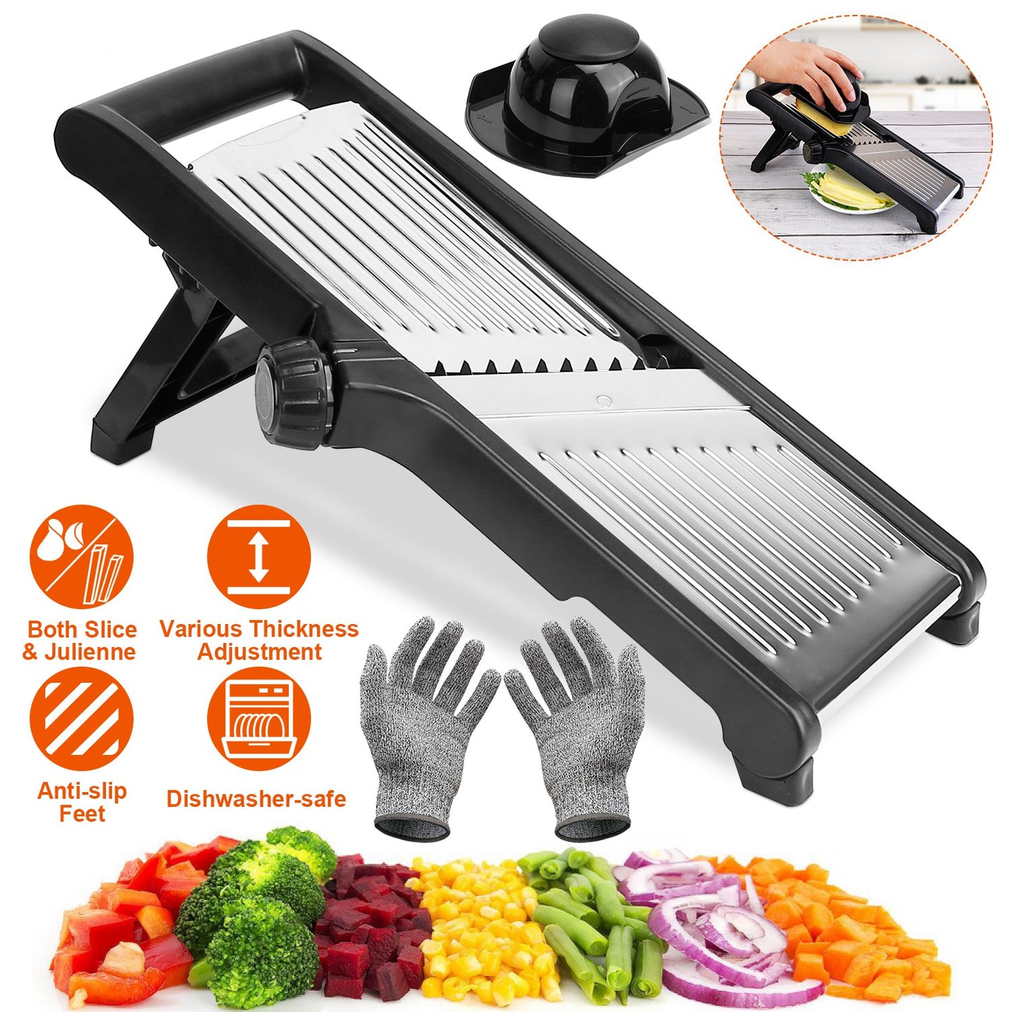 Mandoline Food Slicer – Stainless Steel Vegetable & Fruit Cutter with 5 Adjustable Blades + Safety Food Holder
