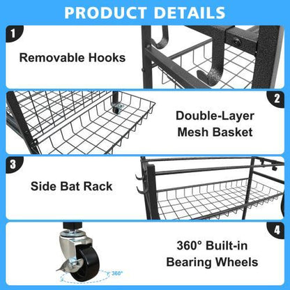 Garage Sports Equipment Storage Rack | Large Capacity Wheeled Rolling Ball & Gear Organizer, Indoor & Outdoor