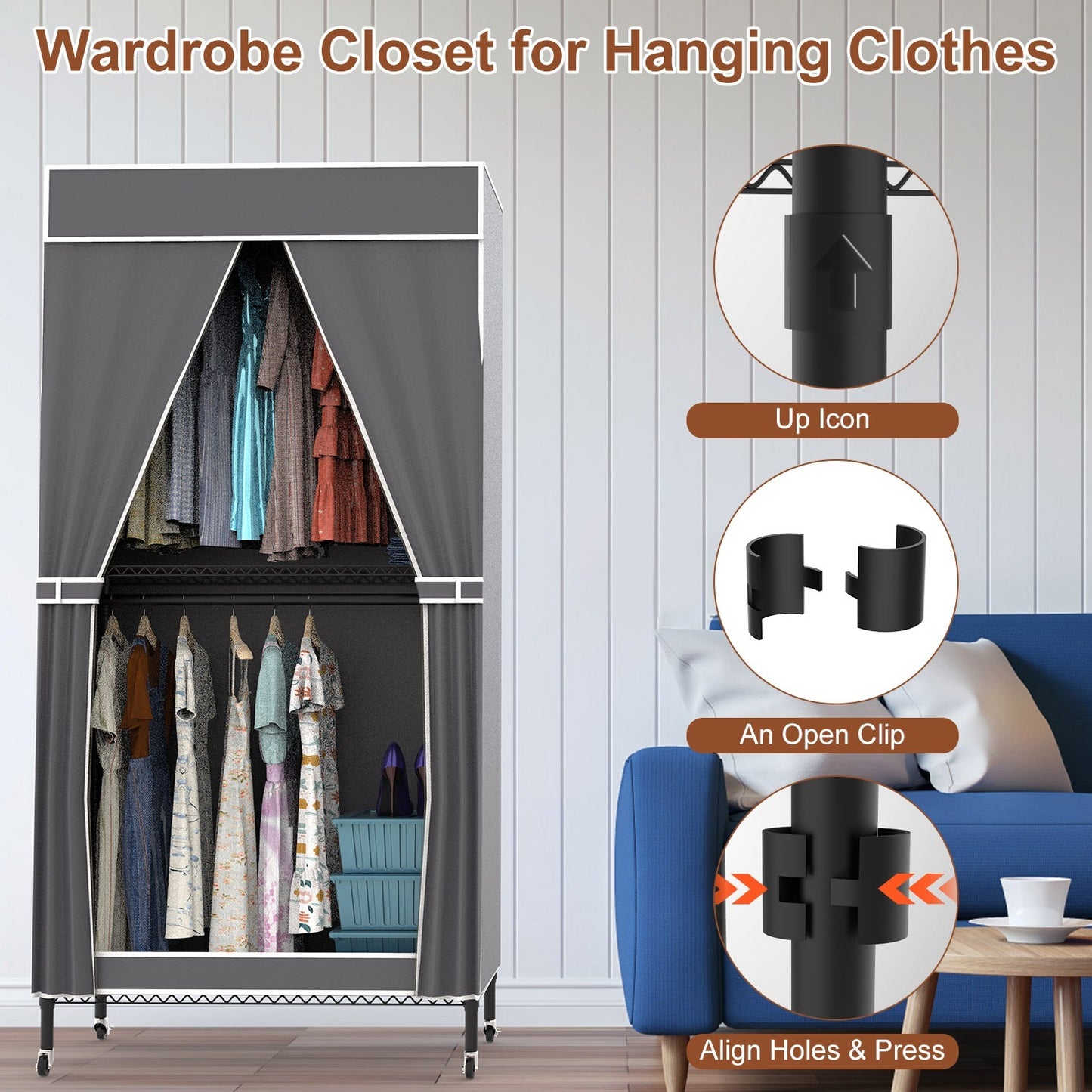 2-Tier Clothing Rack with Cover | Portable Wardrobe Closet with Wheels, Hanging Rods & Hook Racks