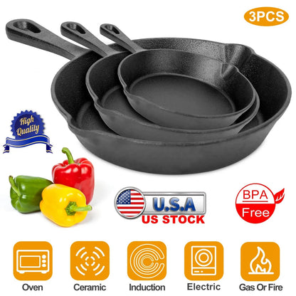 3-Piece Cast Iron Skillet Set (6" 8" 10") | Pre-Seasoned Non-Stick Frying Pans for Stove, Oven & Grill