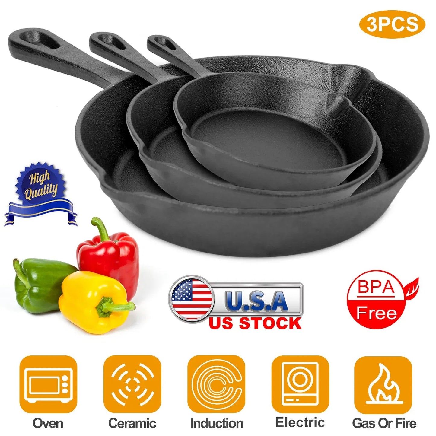 3-Piece Cast Iron Skillet Set (6" 8" 10") | Pre-Seasoned Non-Stick Frying Pans for Stove, Oven & Grill