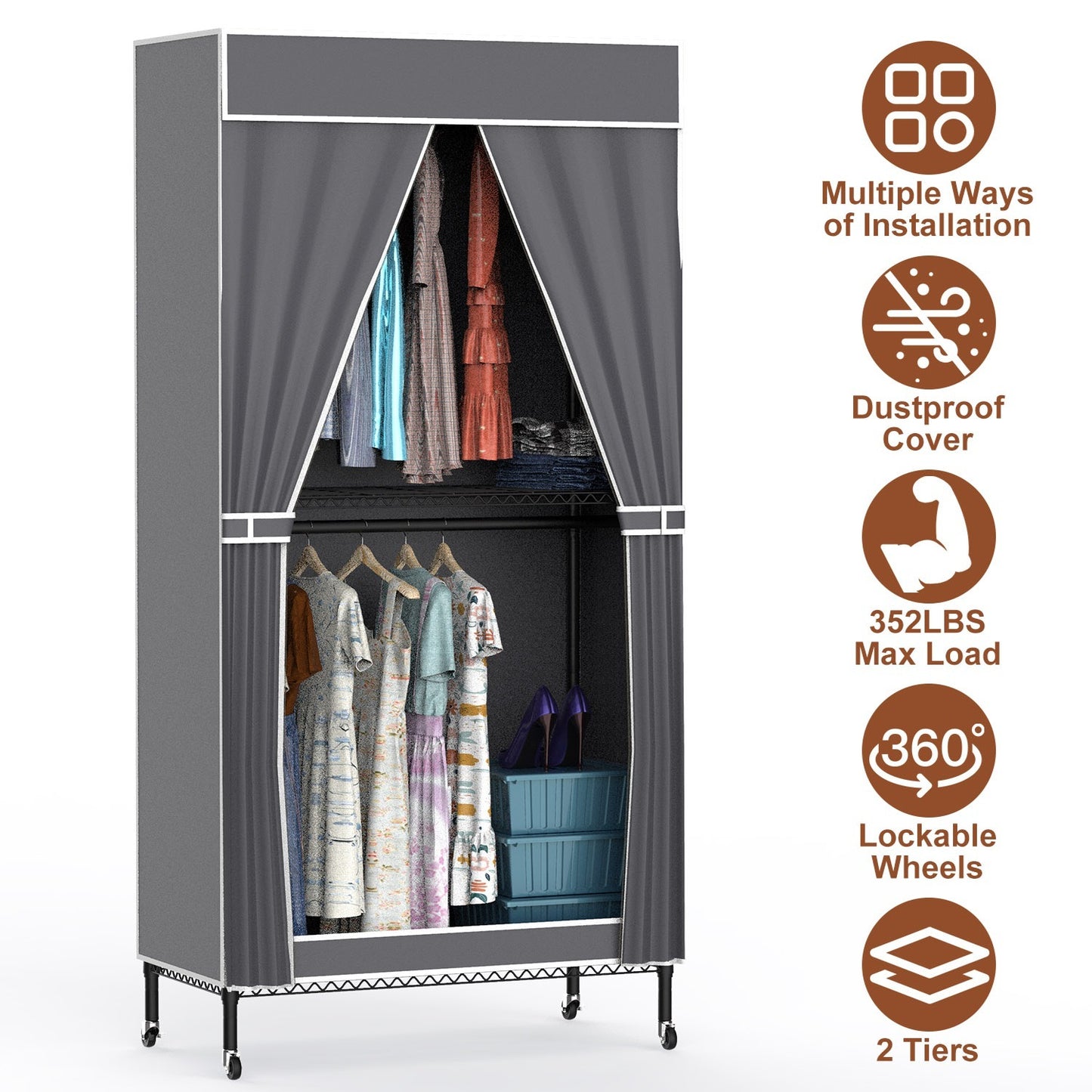 2-Tier Clothing Rack with Cover | Portable Wardrobe Closet with Wheels, Hanging Rods & Hook Racks
