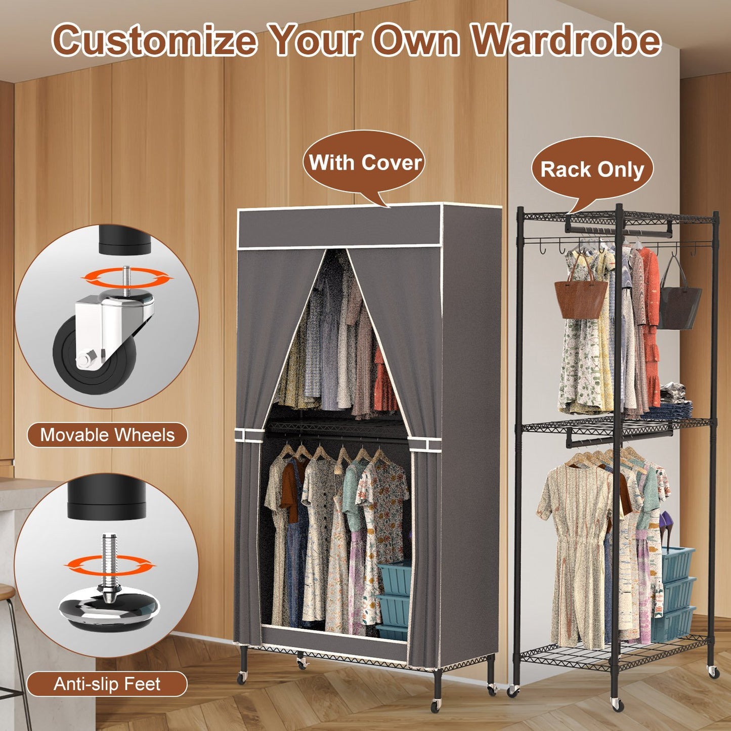 2-Tier Clothing Rack with Cover | Portable Wardrobe Closet with Wheels, Hanging Rods & Hook Racks