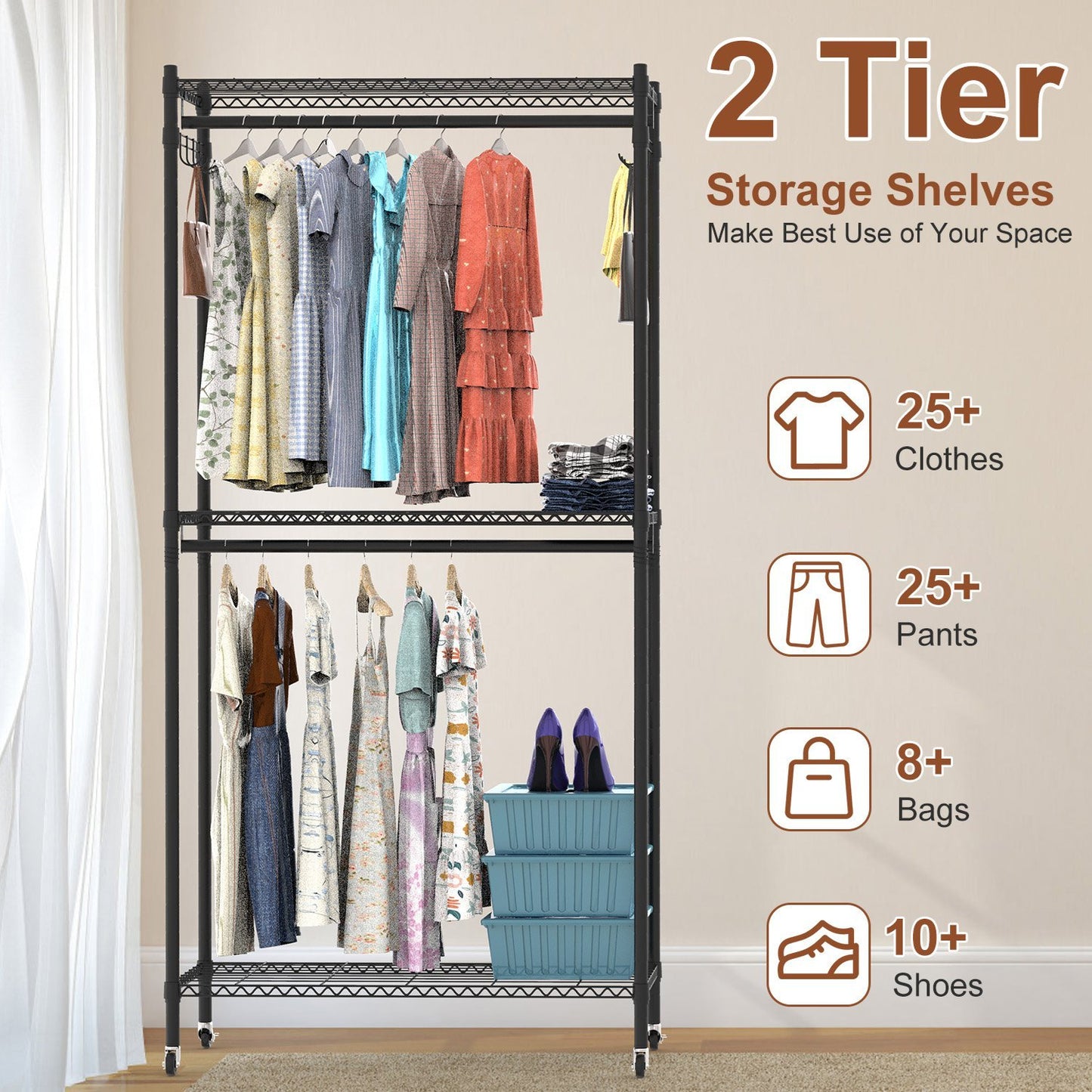2-Tier Clothing Rack with Cover | Portable Wardrobe Closet with Wheels, Hanging Rods & Hook Racks
