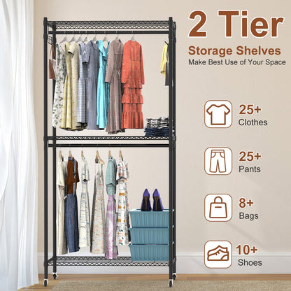 2-Tier Clothing Rack with Cover | Portable Wardrobe Closet with Wheels, Hanging Rods & Hook Racks