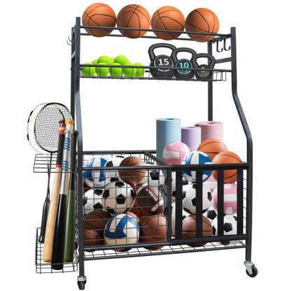 Garage Sports Equipment Storage Rack | Large Capacity Wheeled Rolling Ball & Gear Organizer, Indoor & Outdoor