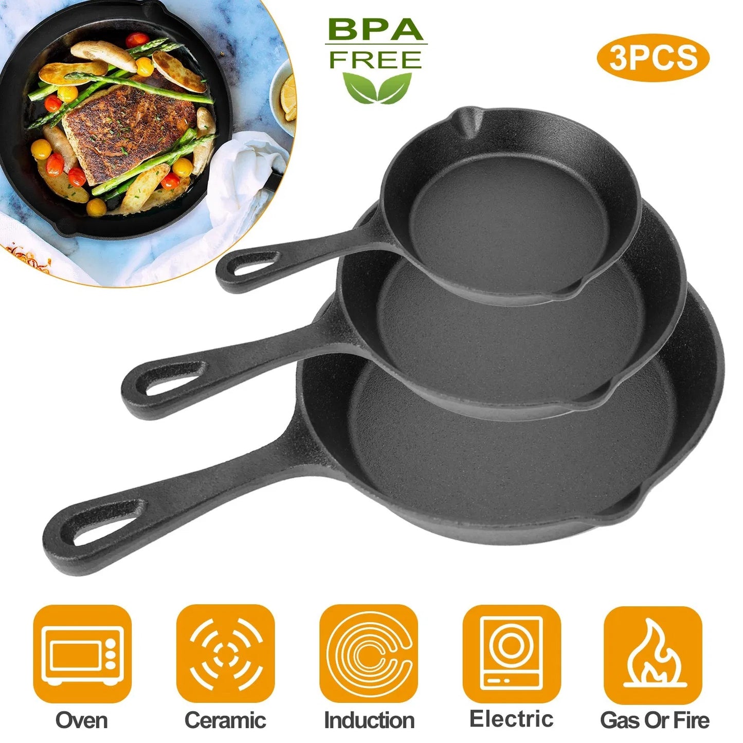 3-Piece Cast Iron Skillet Set (6" 8" 10") | Pre-Seasoned Non-Stick Frying Pans for Stove, Oven & Grill