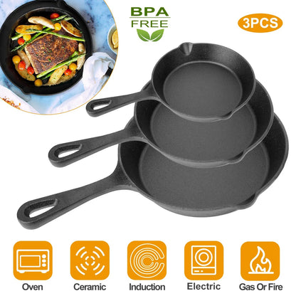 3-Piece Cast Iron Skillet Set (6" 8" 10") | Pre-Seasoned Non-Stick Frying Pans for Stove, Oven & Grill