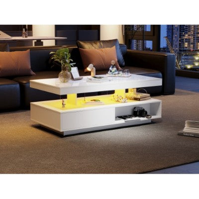 LED Coffee Table with 2-Drawer Storage | High Gloss Modern Center Table with 16-Color LED Lights (White)