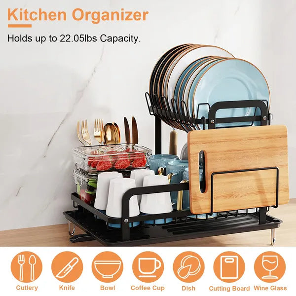 2-Tier Dish Drying Rack for Kitchen Counter — Space-Saving Rustproof Rack with Drainboard & Utensil Holder