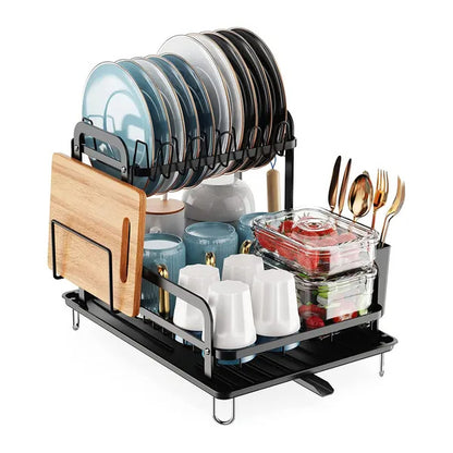 2-Tier Dish Drying Rack for Kitchen Counter — Space-Saving Rustproof Rack with Drainboard & Utensil Holder