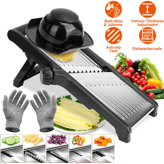 Mandoline Food Slicer – Stainless Steel Vegetable & Fruit Cutter with 5 Adjustable Blades + Safety Food Holder