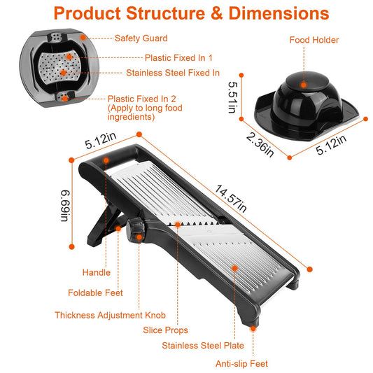 Mandoline Food Slicer – Stainless Steel Vegetable & Fruit Cutter with 5 Adjustable Blades + Safety Food Holder