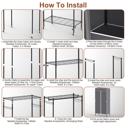 2-Tier Clothing Rack with Cover | Portable Wardrobe Closet with Wheels, Hanging Rods & Hook Racks